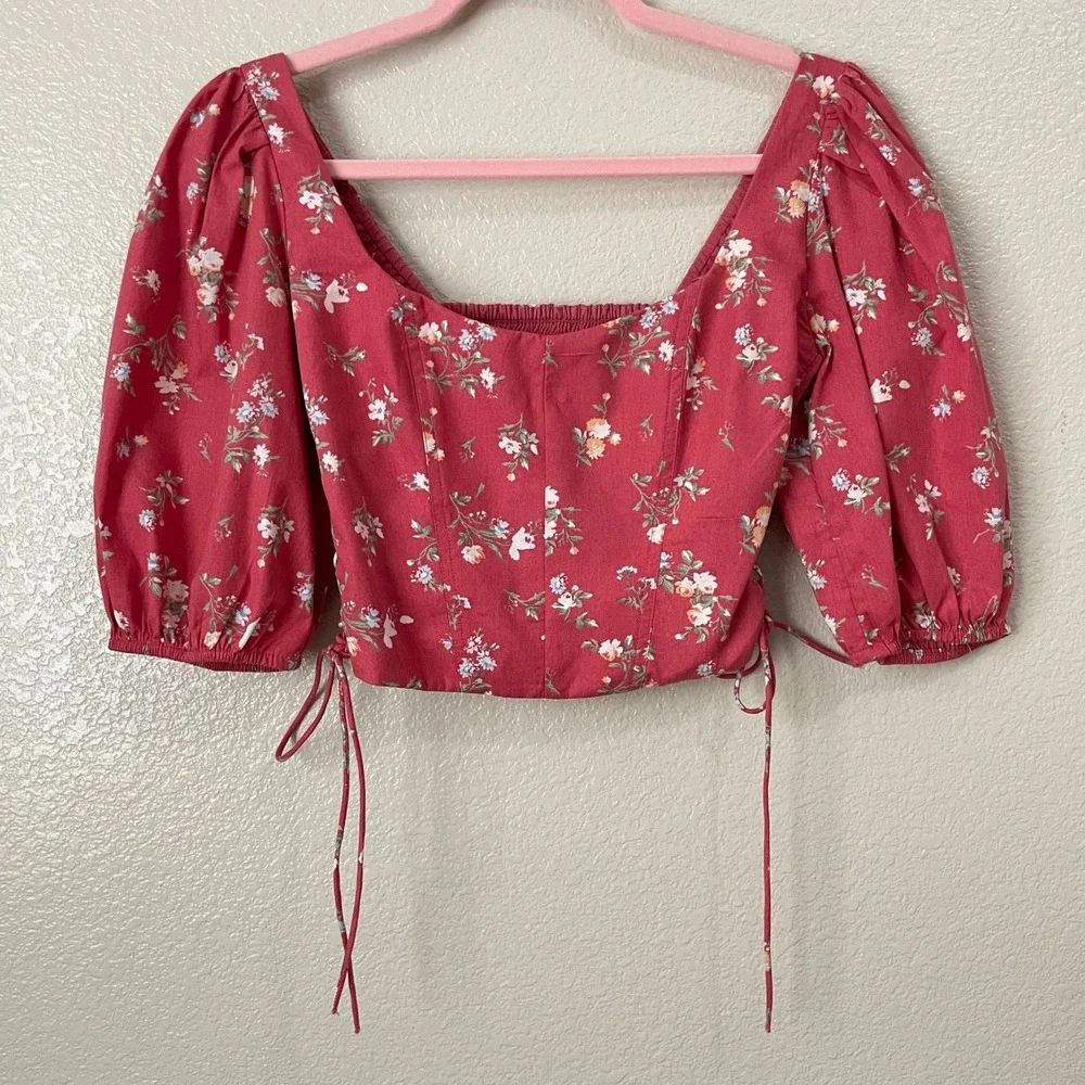 Abercrombie & Fitch Top Womens XS Pink Floral Puff Sleeve Crop Lace Up Smocked